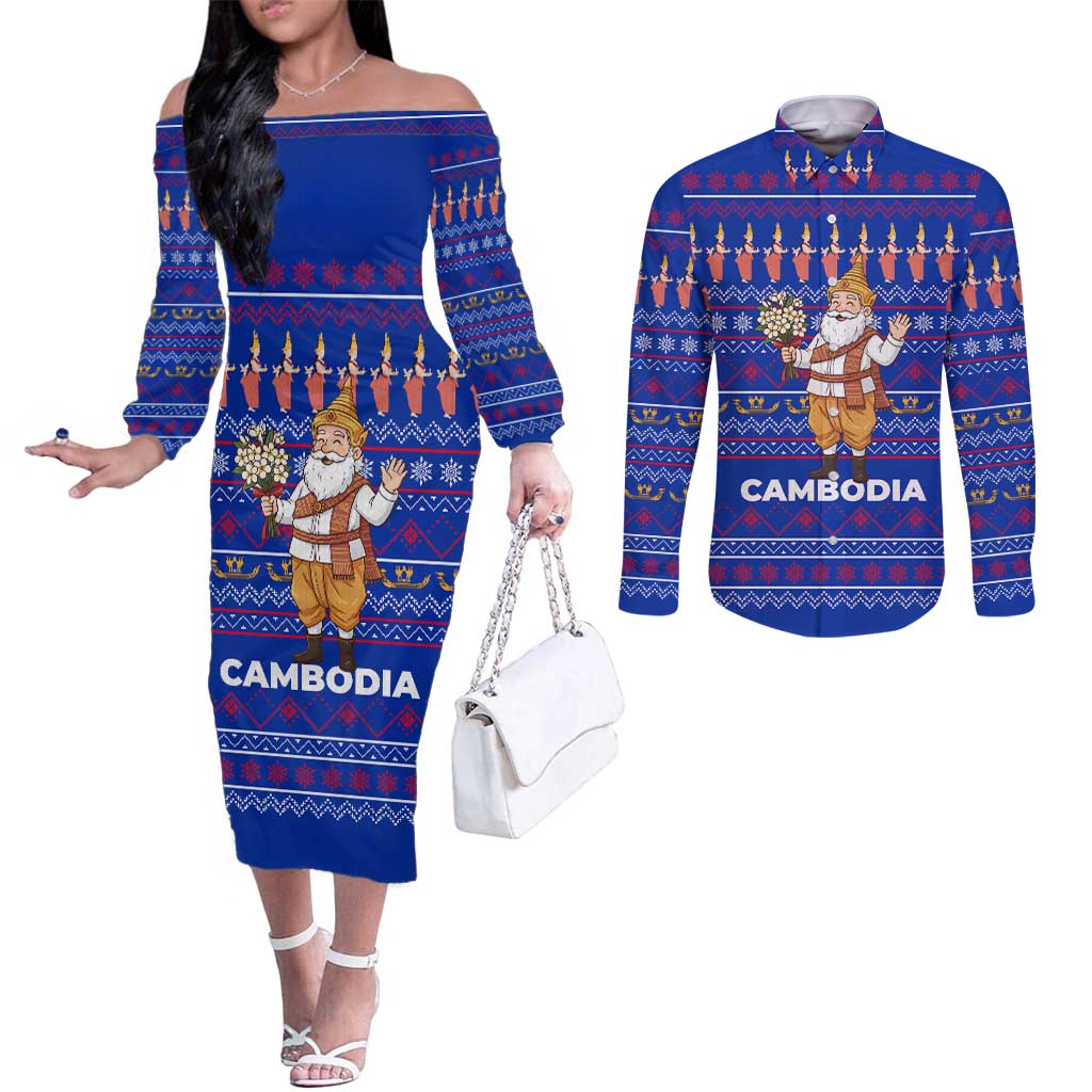 Cambodia Christmas Couples Matching Off The Shoulder Long Sleeve Dress and Long Sleeve Button Shirt with Santa in Traditional Outfit Elephant Dancers and Snowflake Pattern - Wonder Print Shop