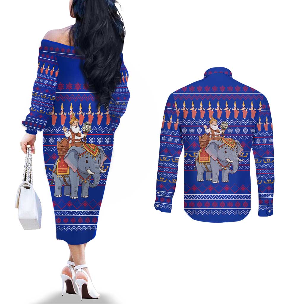 Cambodia Christmas Couples Matching Off The Shoulder Long Sleeve Dress and Long Sleeve Button Shirt with Santa in Traditional Outfit Elephant Dancers and Snowflake Pattern - Wonder Print Shop