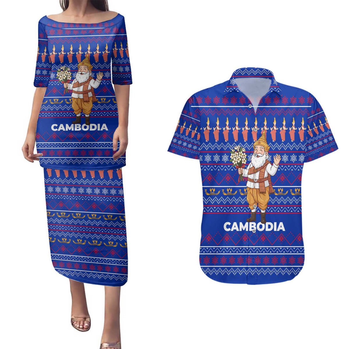 Cambodia Christmas Couples Matching Puletasi and Hawaiian Shirt with Santa in Traditional Outfit Elephant Dancers and Snowflake Pattern - Wonder Print Shop