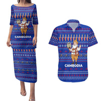 Cambodia Christmas Couples Matching Puletasi and Hawaiian Shirt with Santa in Traditional Outfit Elephant Dancers and Snowflake Pattern - Wonder Print Shop