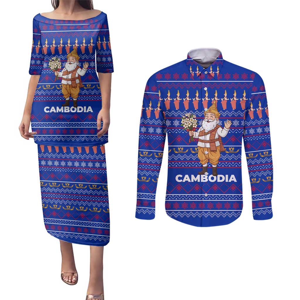 Cambodia Christmas Couples Matching Puletasi and Long Sleeve Button Shirt with Santa in Traditional Outfit Elephant Dancers and Snowflake Pattern - Wonder Print Shop