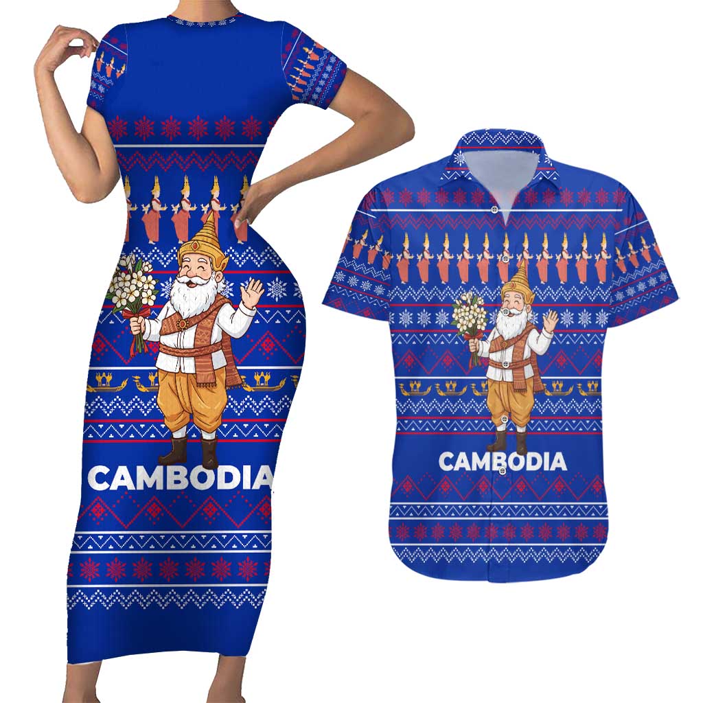 Cambodia Christmas Couples Matching Short Sleeve Bodycon Dress and Hawaiian Shirt with Santa in Traditional Outfit Elephant Dancers and Snowflake Pattern - Wonder Print Shop