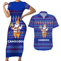 Cambodia Christmas Couples Matching Short Sleeve Bodycon Dress and Hawaiian Shirt with Santa in Traditional Outfit Elephant Dancers and Snowflake Pattern - Wonder Print Shop