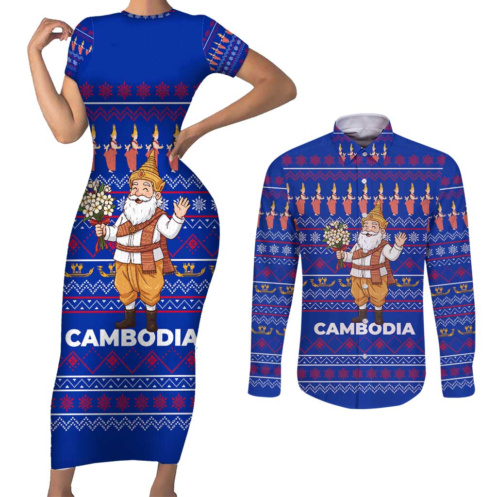 Cambodia Christmas Couples Matching Short Sleeve Bodycon Dress and Long Sleeve Button Shirt with Santa in Traditional Outfit Elephant Dancers and Snowflake Pattern - Wonder Print Shop