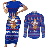 Cambodia Christmas Couples Matching Short Sleeve Bodycon Dress and Long Sleeve Button Shirt with Santa in Traditional Outfit Elephant Dancers and Snowflake Pattern - Wonder Print Shop
