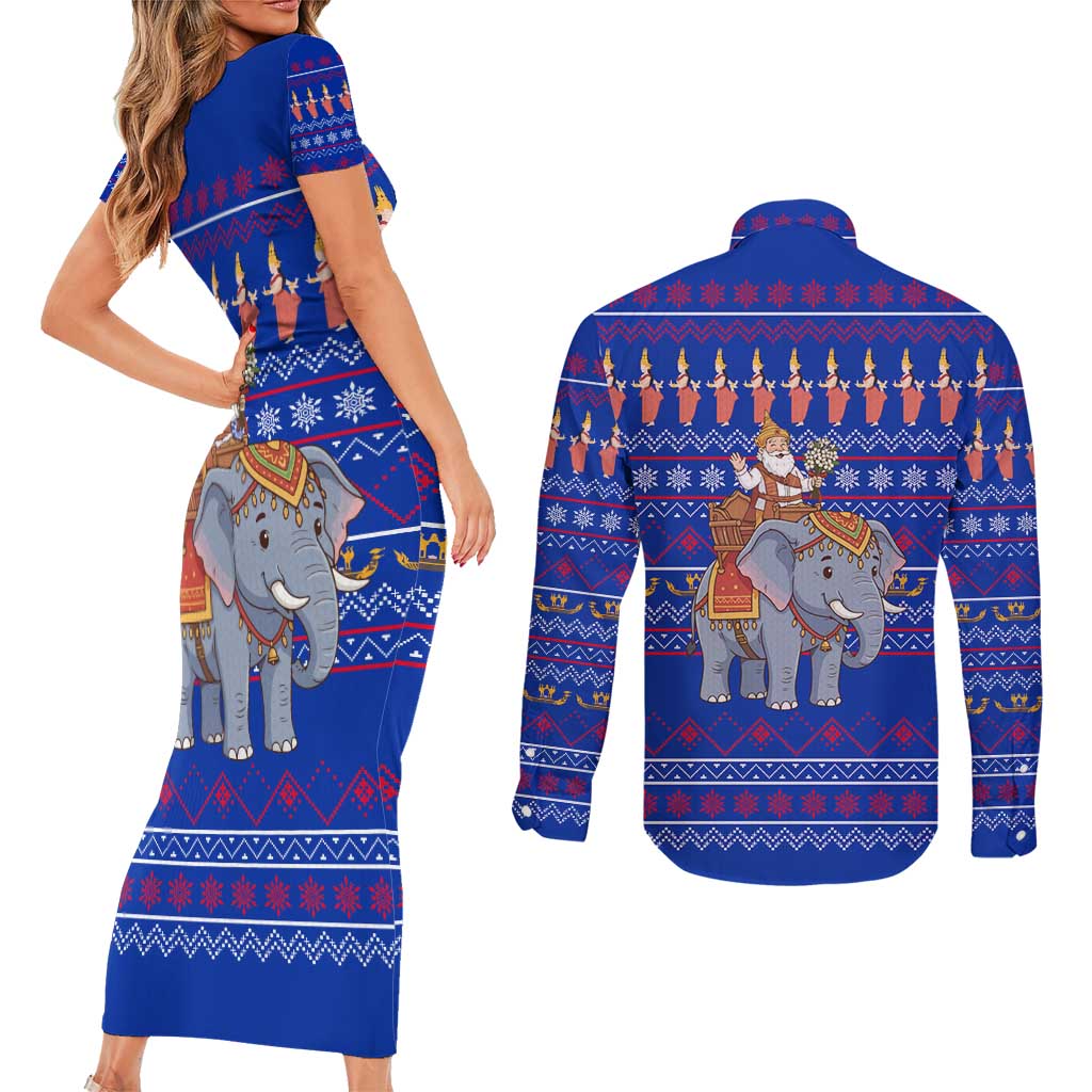 Cambodia Christmas Couples Matching Short Sleeve Bodycon Dress and Long Sleeve Button Shirt with Santa in Traditional Outfit Elephant Dancers and Snowflake Pattern - Wonder Print Shop