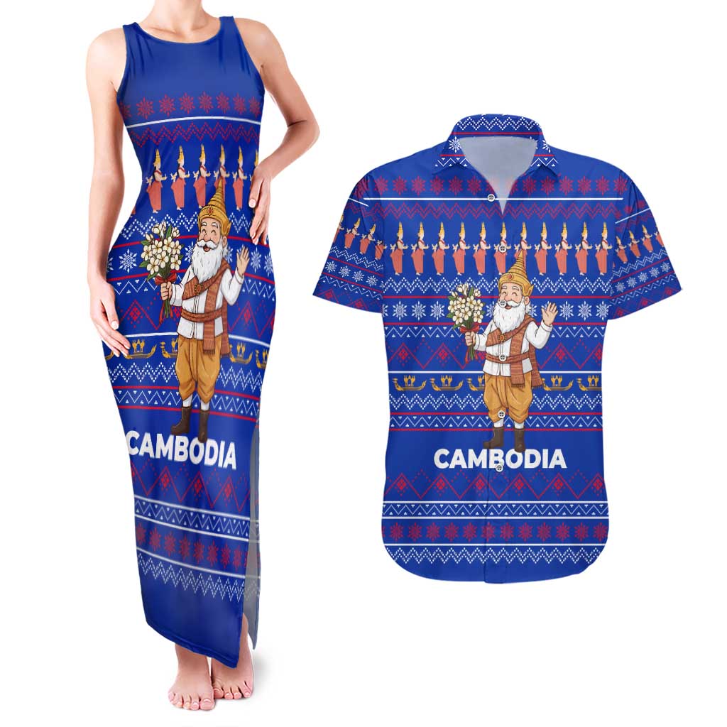 Cambodia Christmas Couples Matching Tank Maxi Dress and Hawaiian Shirt with Santa in Traditional Outfit Elephant Dancers and Snowflake Pattern - Wonder Print Shop