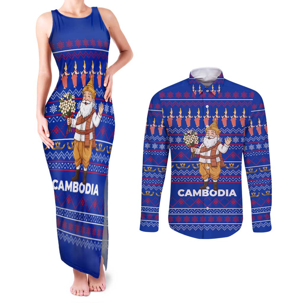 Cambodia Christmas Couples Matching Tank Maxi Dress and Long Sleeve Button Shirt with Santa in Traditional Outfit Elephant Dancers and Snowflake Pattern - Wonder Print Shop