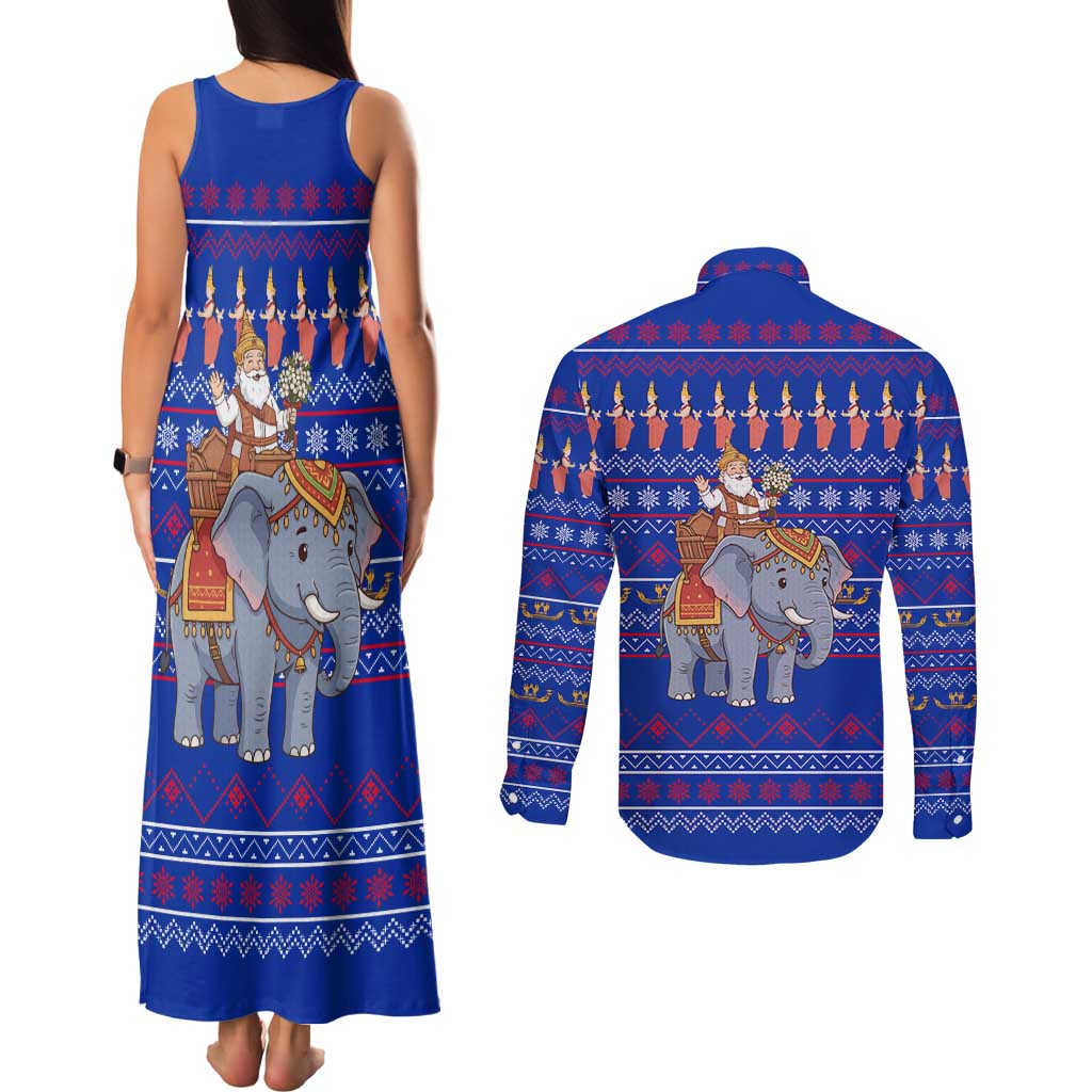 Cambodia Christmas Couples Matching Tank Maxi Dress and Long Sleeve Button Shirt with Santa in Traditional Outfit Elephant Dancers and Snowflake Pattern - Wonder Print Shop
