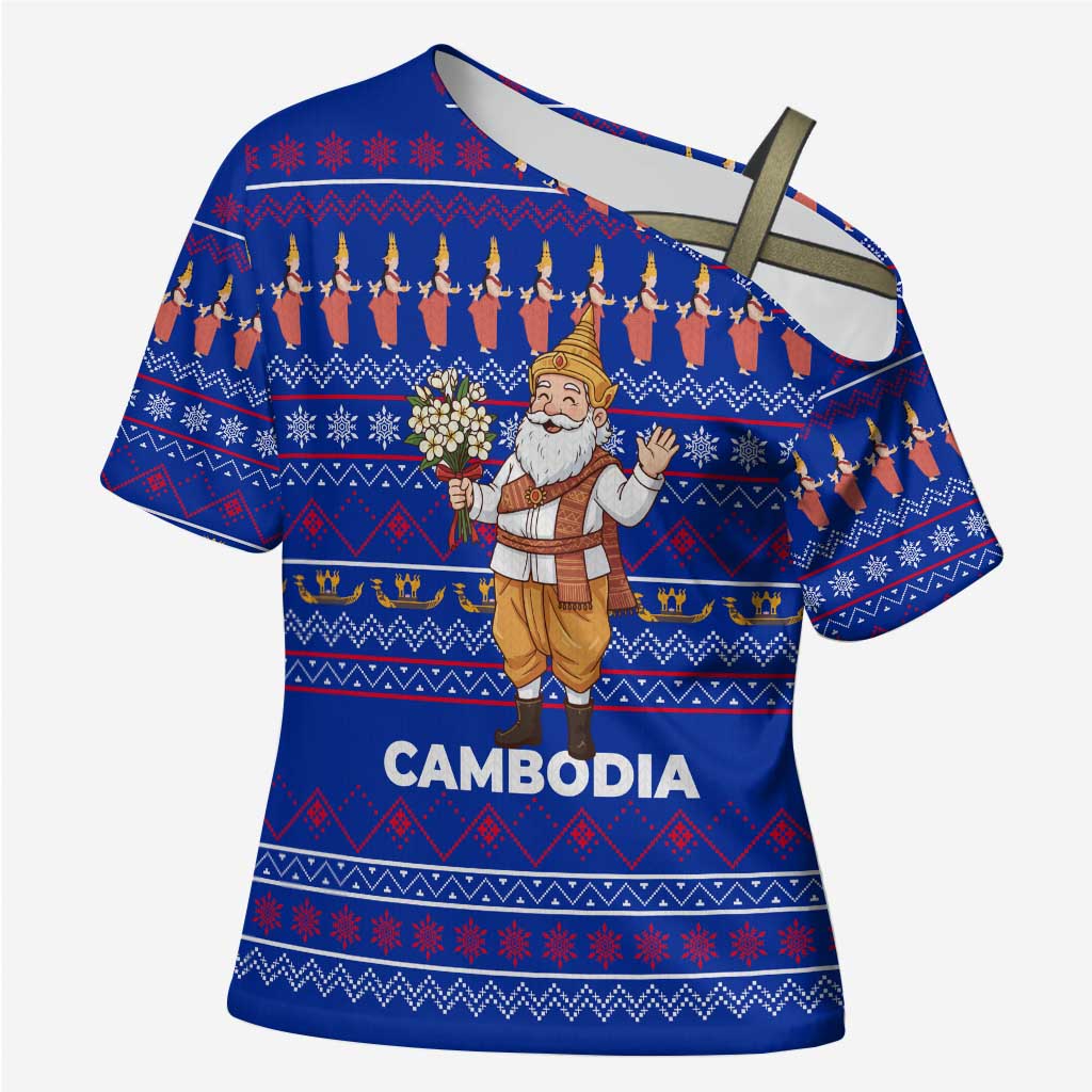 Cambodia Christmas Cross Shoulder Shirt with Santa in Traditional Outfit Elephant Dancers and Snowflake Pattern - Wonder Print Shop