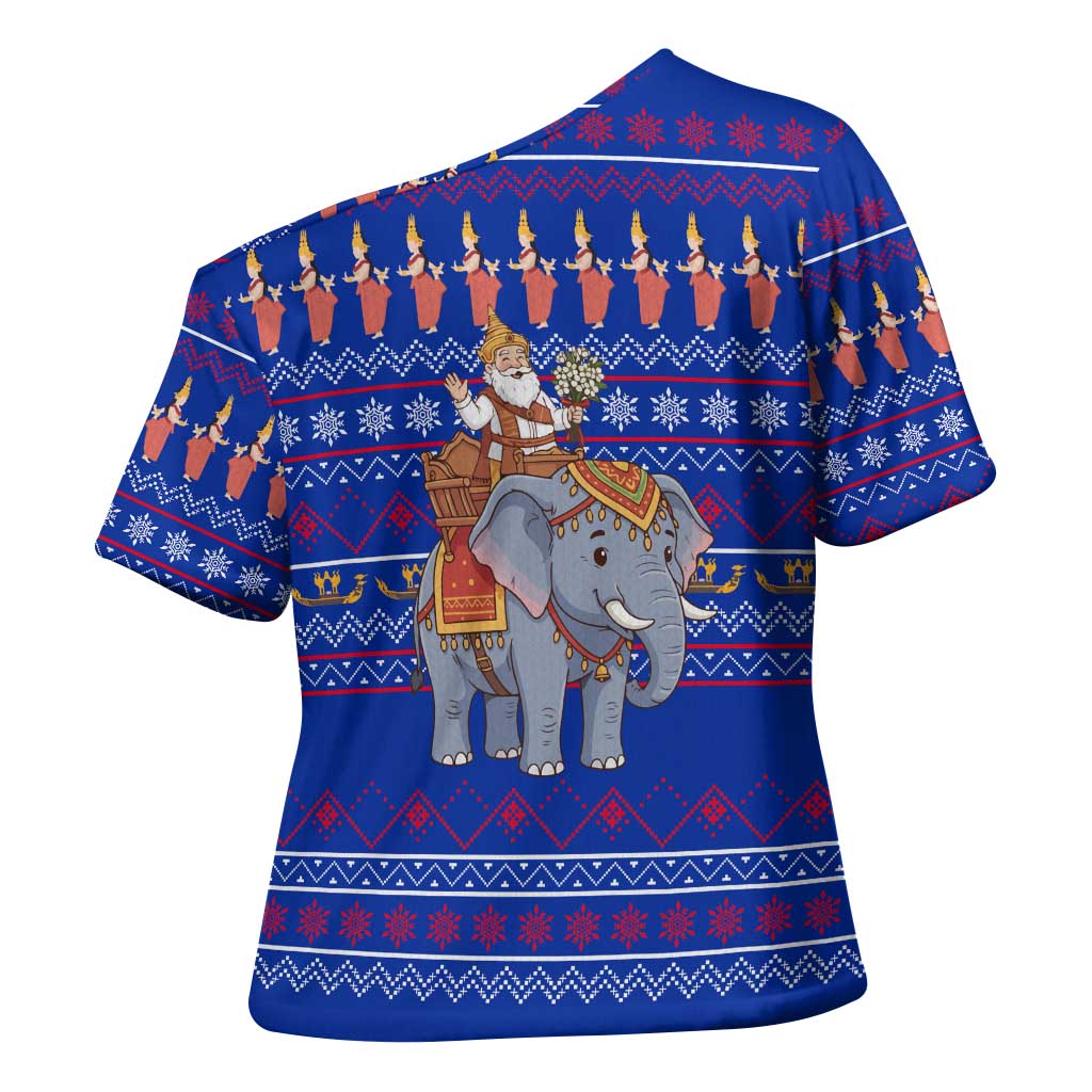 Cambodia Christmas Cross Shoulder Shirt with Santa in Traditional Outfit Elephant Dancers and Snowflake Pattern - Wonder Print Shop