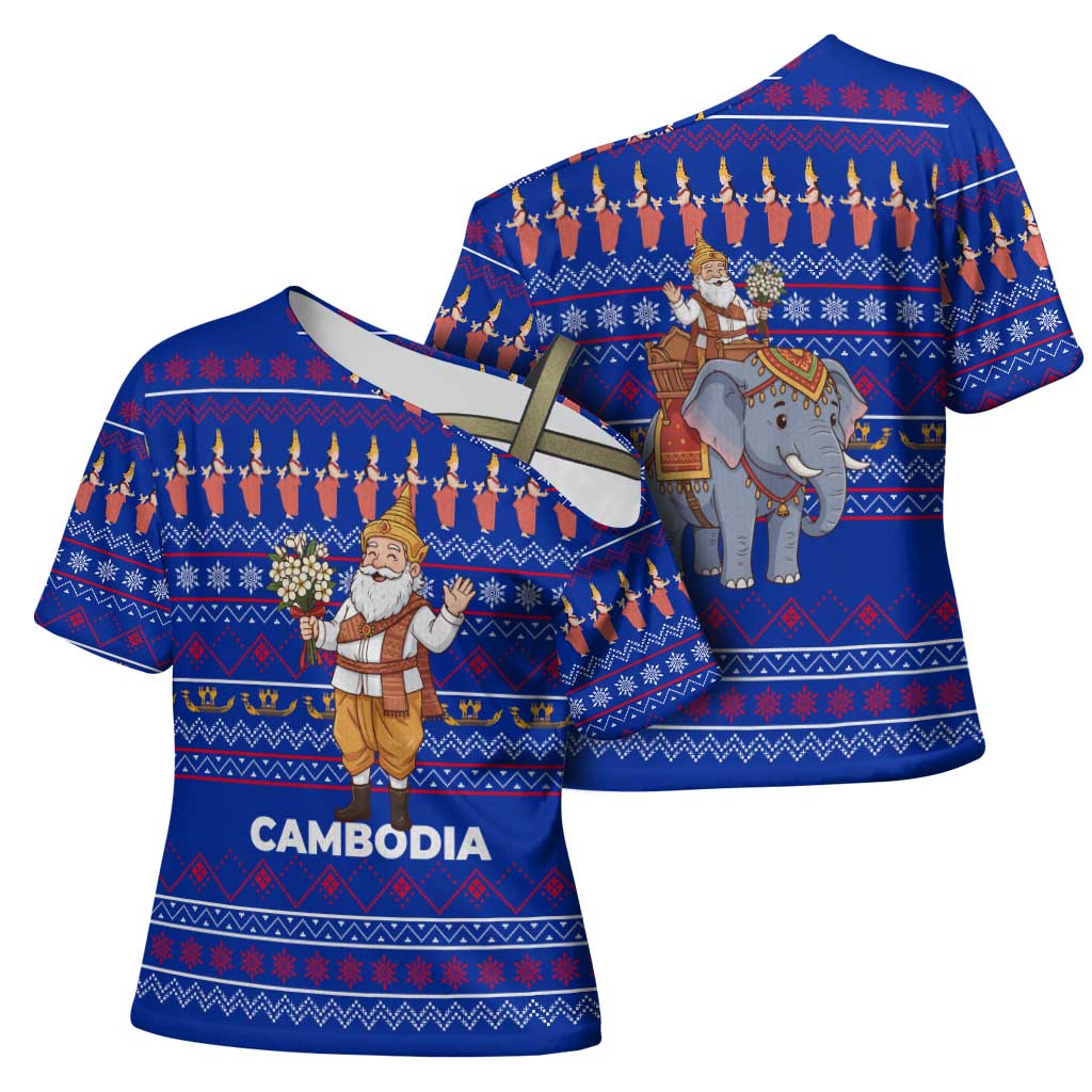 Cambodia Christmas Cross Shoulder Shirt with Santa in Traditional Outfit Elephant Dancers and Snowflake Pattern - Wonder Print Shop