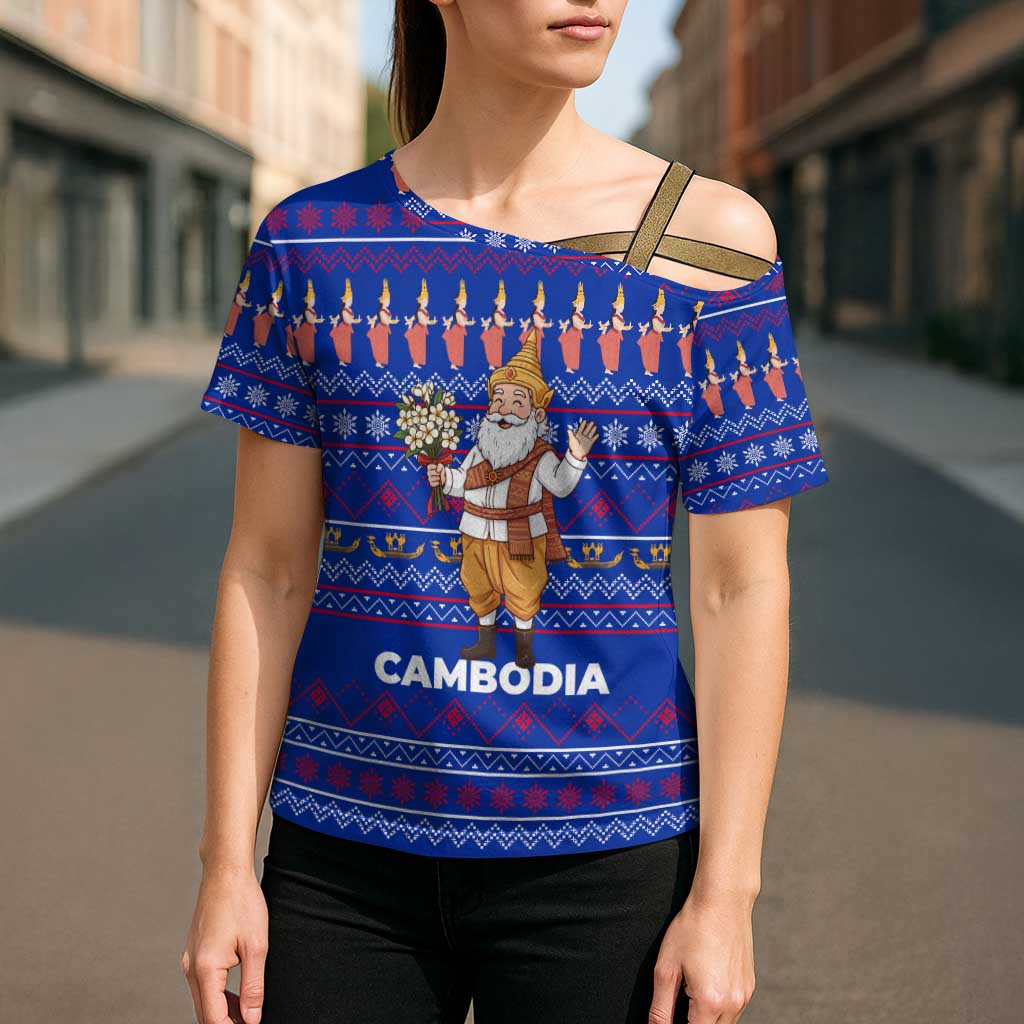 Cambodia Christmas Cross Shoulder Shirt with Santa in Traditional Outfit Elephant Dancers and Snowflake Pattern - Wonder Print Shop