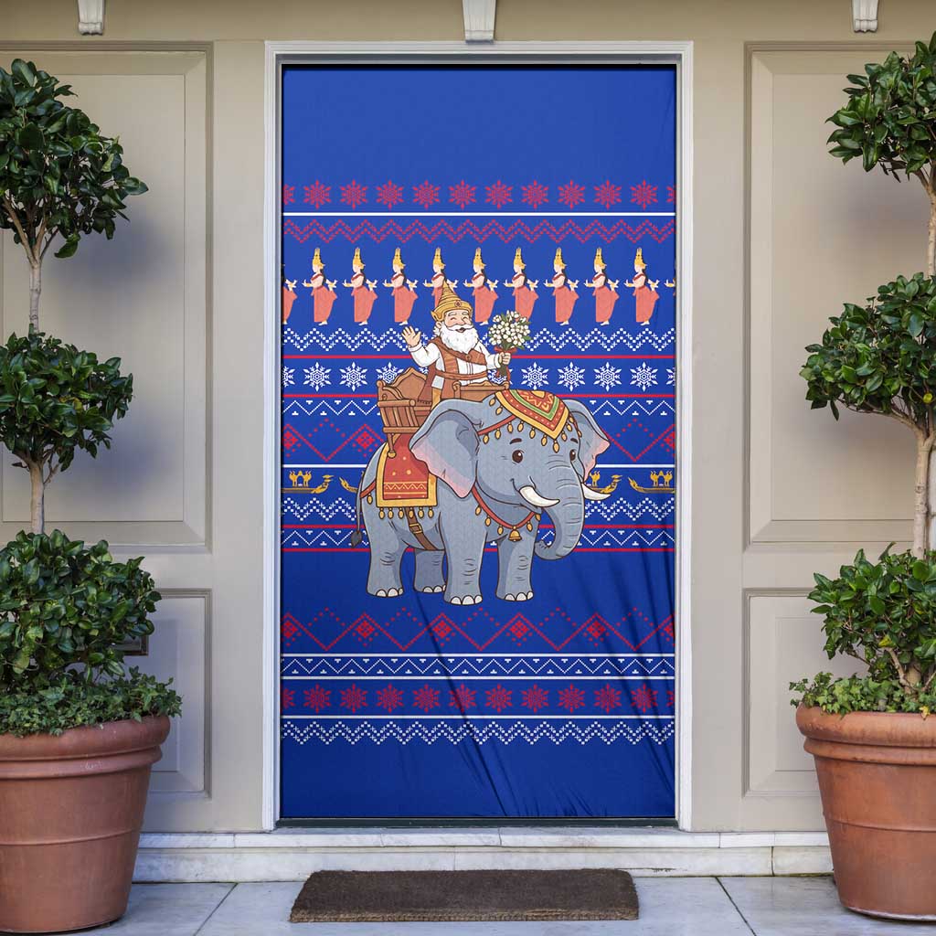 Cambodia Christmas Door Cover with Santa in Traditional Outfit Elephant Dancers and Snowflake Pattern - Wonder Print Shop