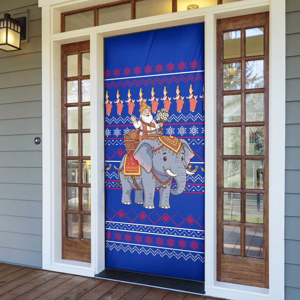 Cambodia Christmas Door Cover with Santa in Traditional Outfit Elephant Dancers and Snowflake Pattern - Wonder Print Shop