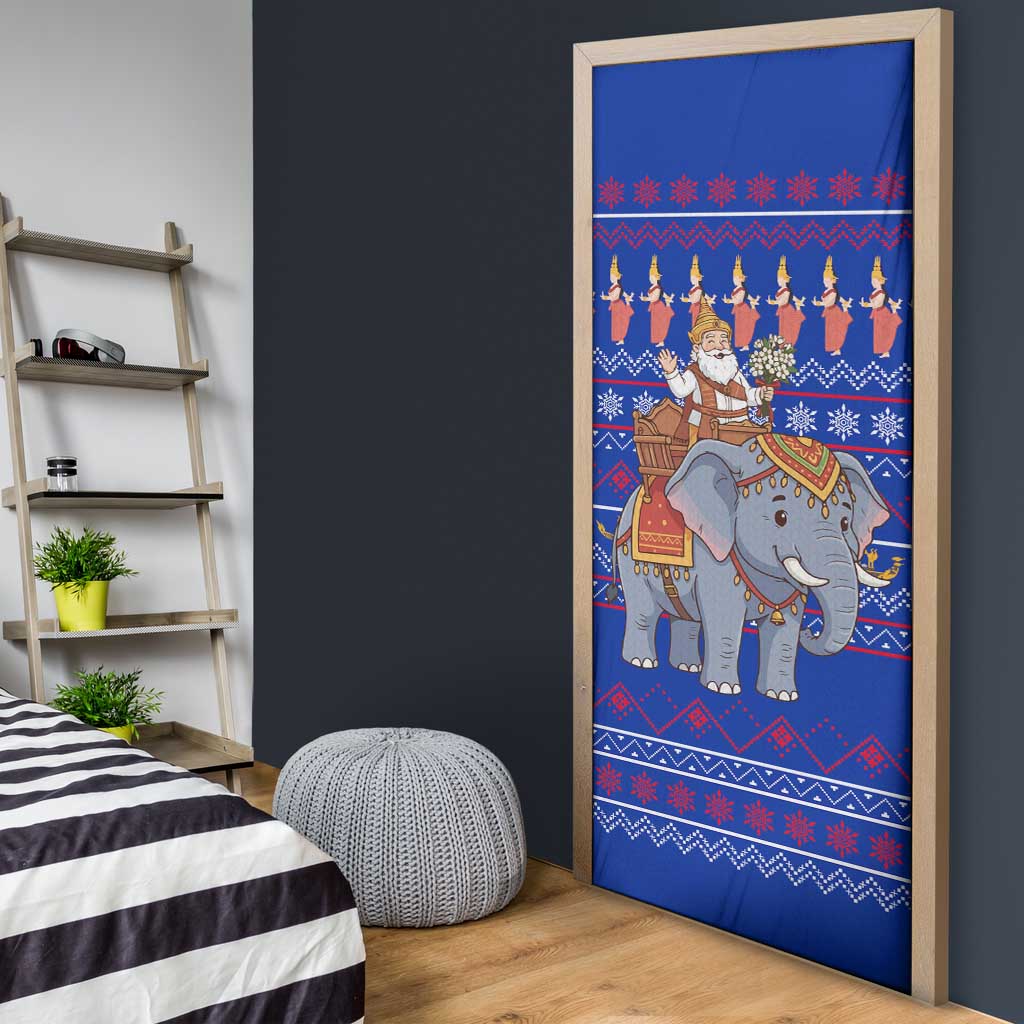 Cambodia Christmas Door Cover with Santa in Traditional Outfit Elephant Dancers and Snowflake Pattern - Wonder Print Shop