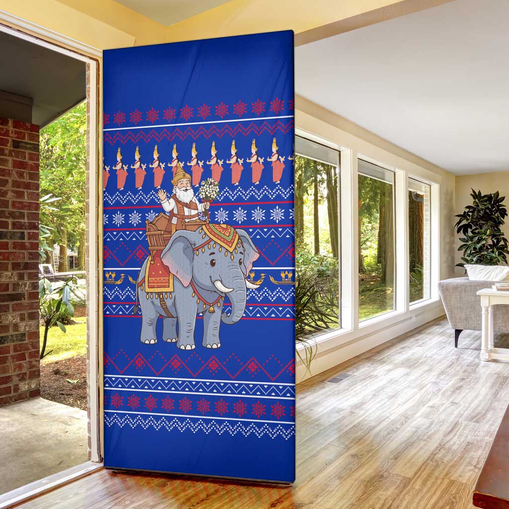 Cambodia Christmas Door Cover with Santa in Traditional Outfit Elephant Dancers and Snowflake Pattern - Wonder Print Shop