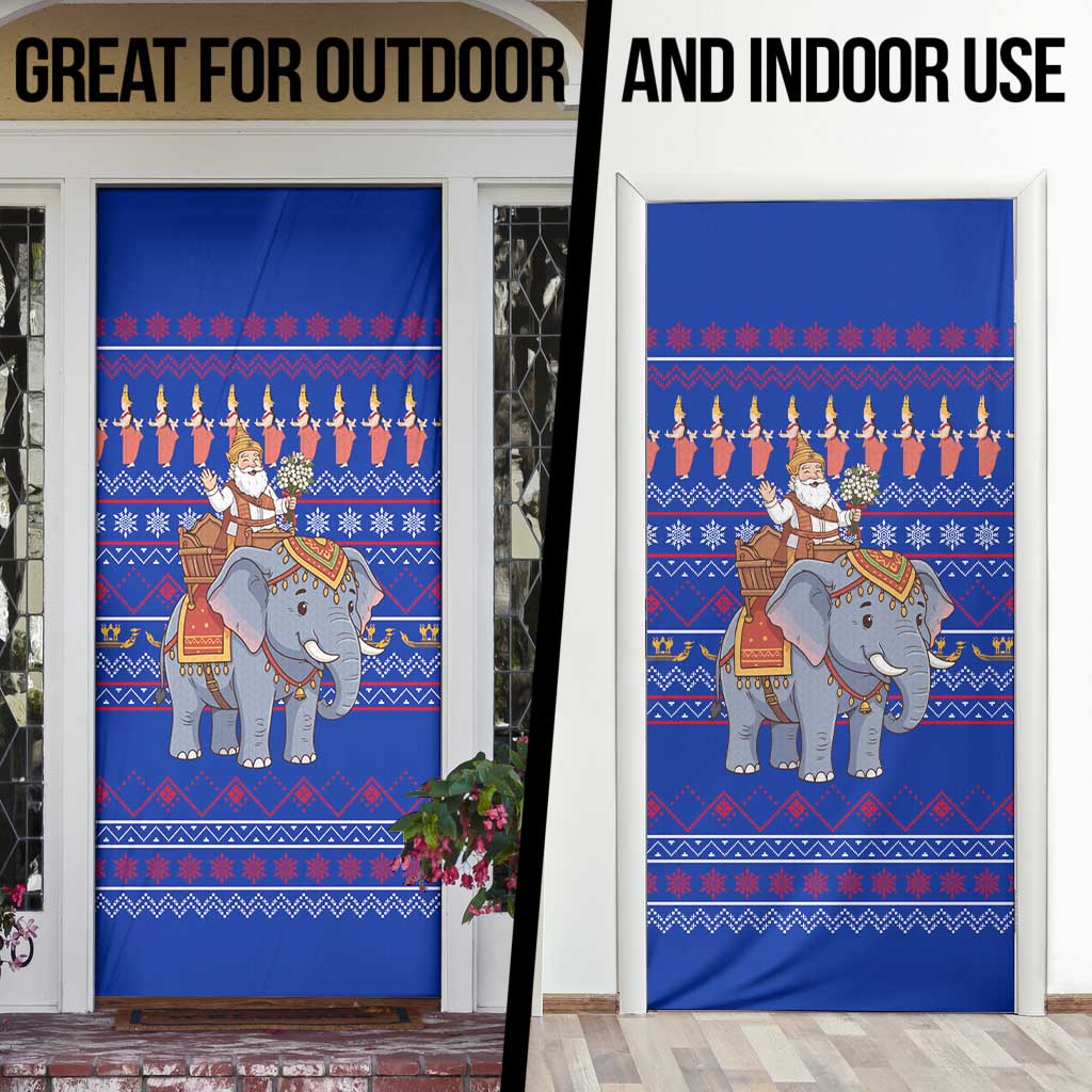 Cambodia Christmas Door Cover with Santa in Traditional Outfit Elephant Dancers and Snowflake Pattern - Wonder Print Shop