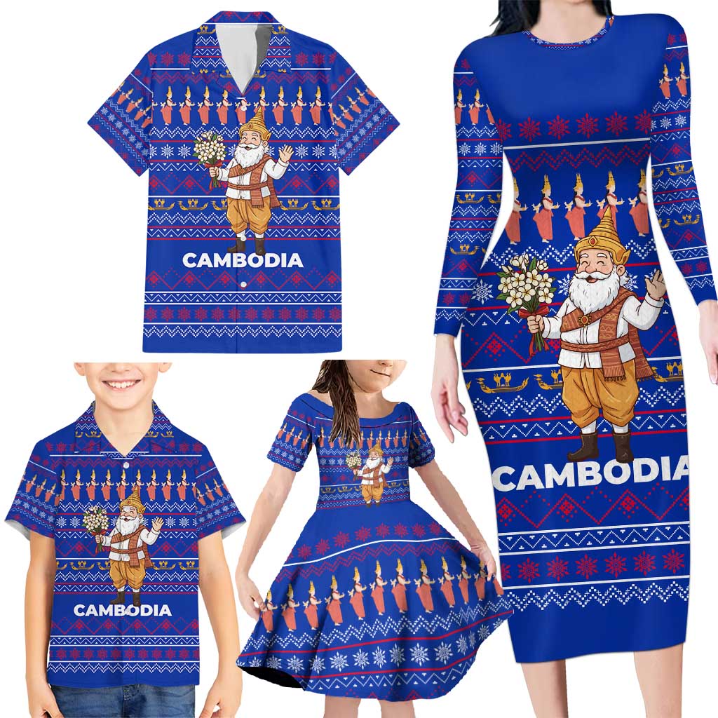 Cambodia Christmas Family Matching Long Sleeve Bodycon Dress and Hawaiian Shirt with Santa in Traditional Outfit Elephant Dancers and Snowflake Pattern - Wonder Print Shop