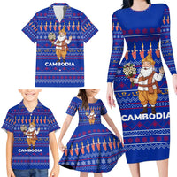 Cambodia Christmas Family Matching Long Sleeve Bodycon Dress and Hawaiian Shirt with Santa in Traditional Outfit Elephant Dancers and Snowflake Pattern - Wonder Print Shop