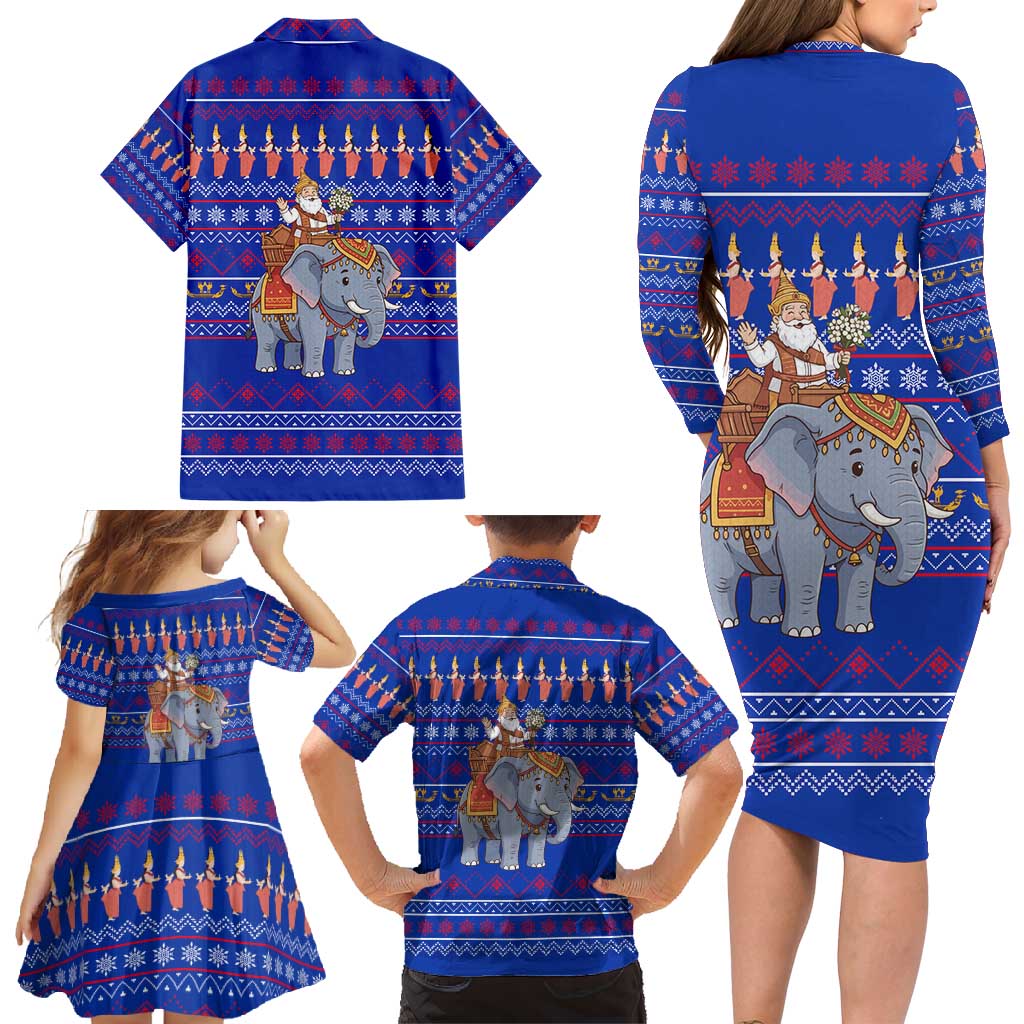 Cambodia Christmas Family Matching Long Sleeve Bodycon Dress and Hawaiian Shirt with Santa in Traditional Outfit Elephant Dancers and Snowflake Pattern - Wonder Print Shop