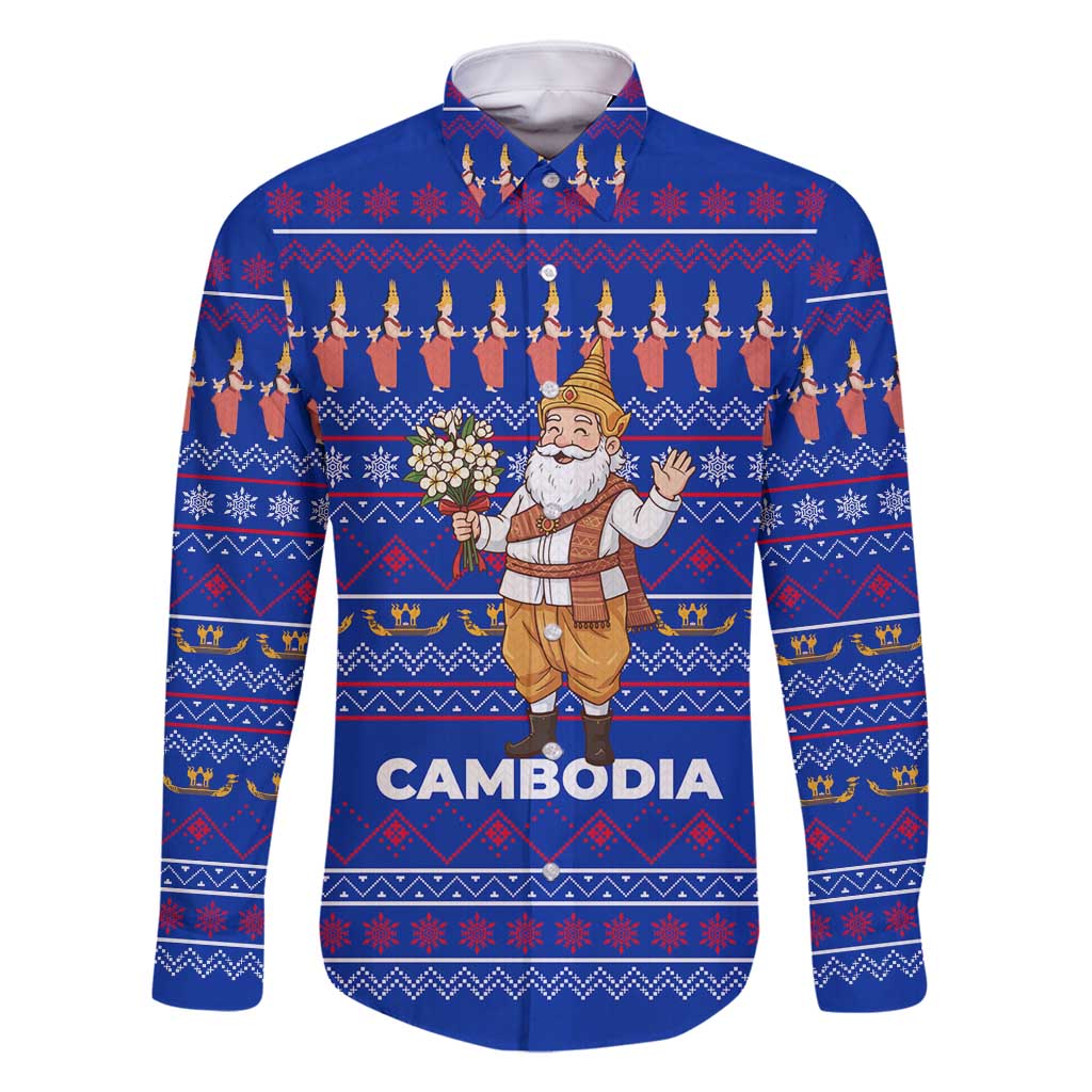 Cambodia Christmas Family Matching Long Sleeve Bodycon Dress and Hawaiian Shirt with Santa in Traditional Outfit Elephant Dancers and Snowflake Pattern - Wonder Print Shop