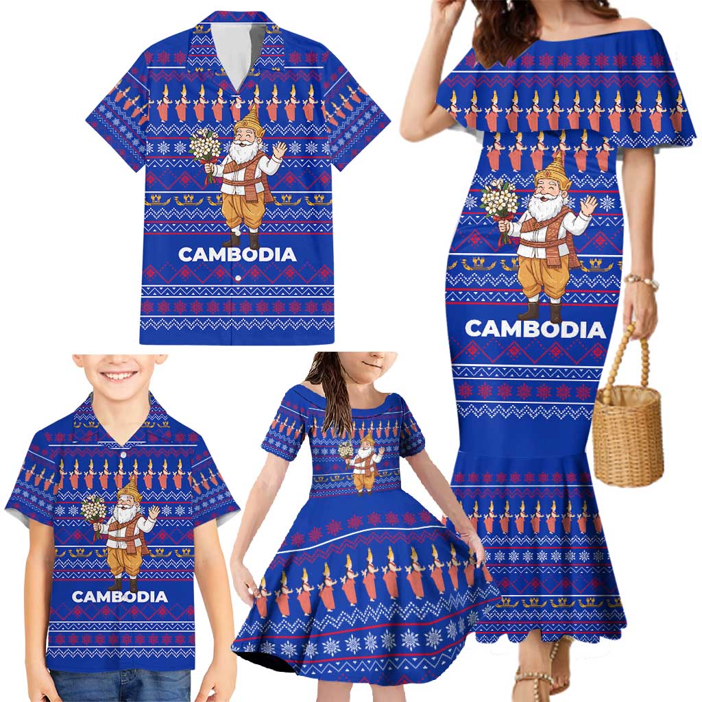 Cambodia Christmas Family Matching Mermaid Dress and Hawaiian Shirt with Santa in Traditional Outfit Elephant Dancers and Snowflake Pattern - Wonder Print Shop