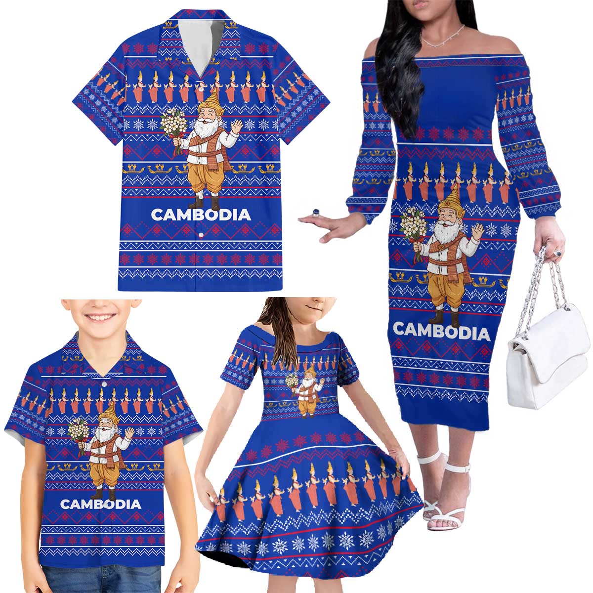 Cambodia Christmas Family Matching Off The Shoulder Long Sleeve Dress and Hawaiian Shirt with Santa in Traditional Outfit Elephant Dancers and Snowflake Pattern - Wonder Print Shop