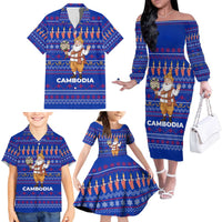 Cambodia Christmas Family Matching Off The Shoulder Long Sleeve Dress and Hawaiian Shirt with Santa in Traditional Outfit Elephant Dancers and Snowflake Pattern - Wonder Print Shop