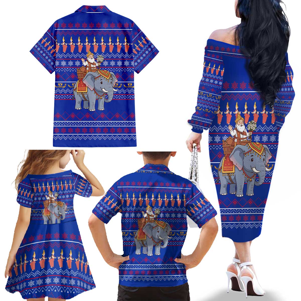 Cambodia Christmas Family Matching Off The Shoulder Long Sleeve Dress and Hawaiian Shirt with Santa in Traditional Outfit Elephant Dancers and Snowflake Pattern - Wonder Print Shop