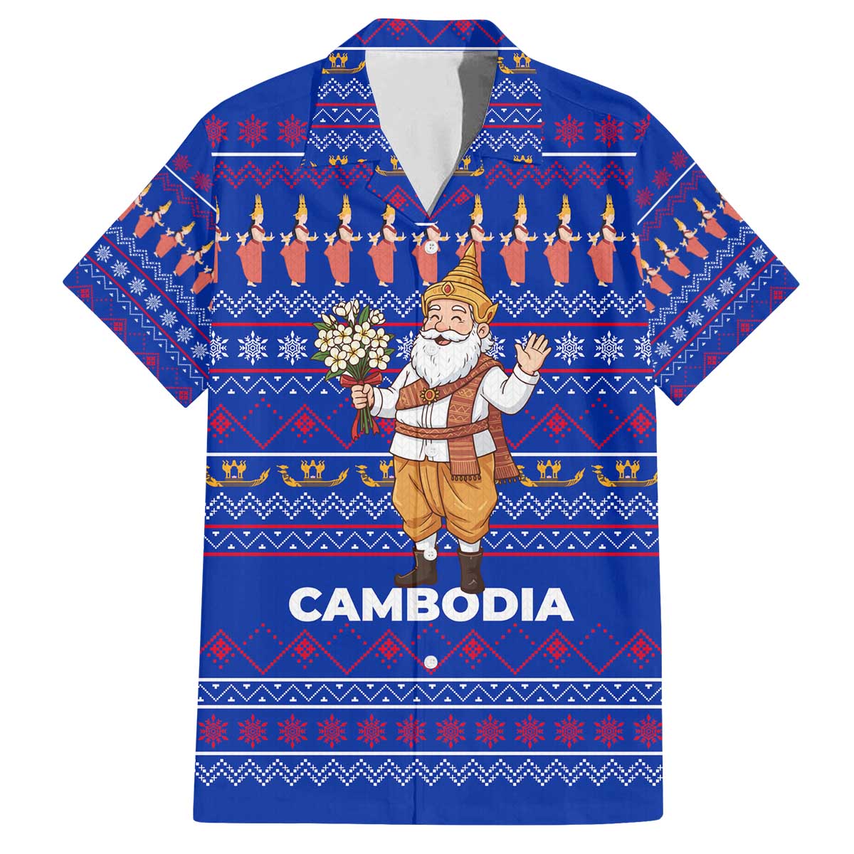 Cambodia Christmas Family Matching Off The Shoulder Long Sleeve Dress and Hawaiian Shirt with Santa in Traditional Outfit Elephant Dancers and Snowflake Pattern - Wonder Print Shop