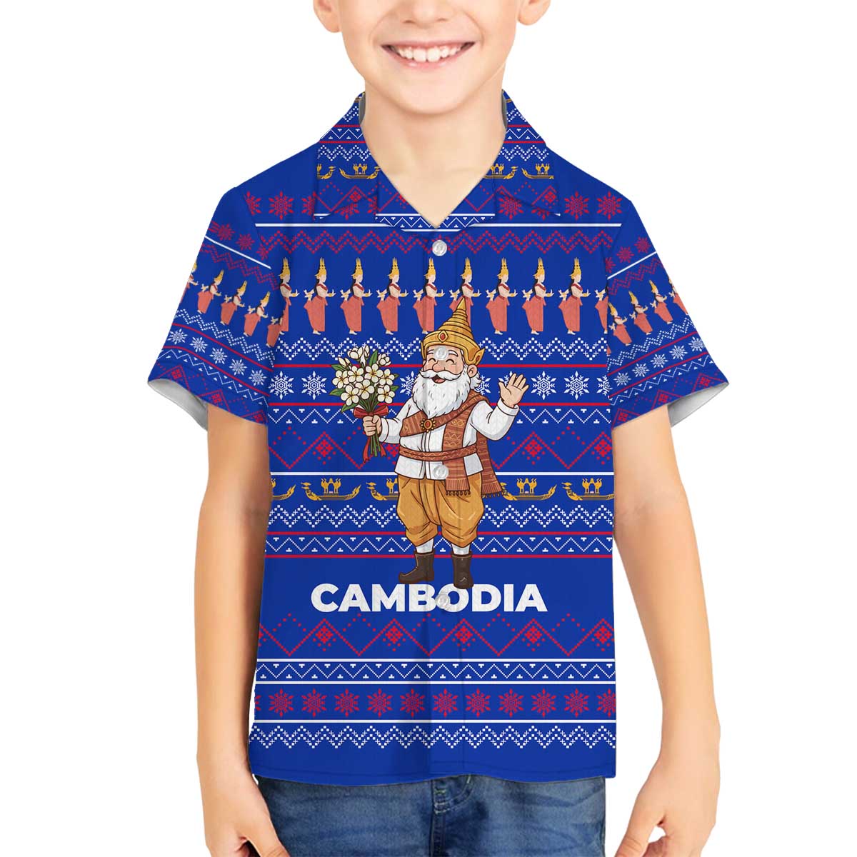 Cambodia Christmas Family Matching Off The Shoulder Long Sleeve Dress and Hawaiian Shirt with Santa in Traditional Outfit Elephant Dancers and Snowflake Pattern - Wonder Print Shop