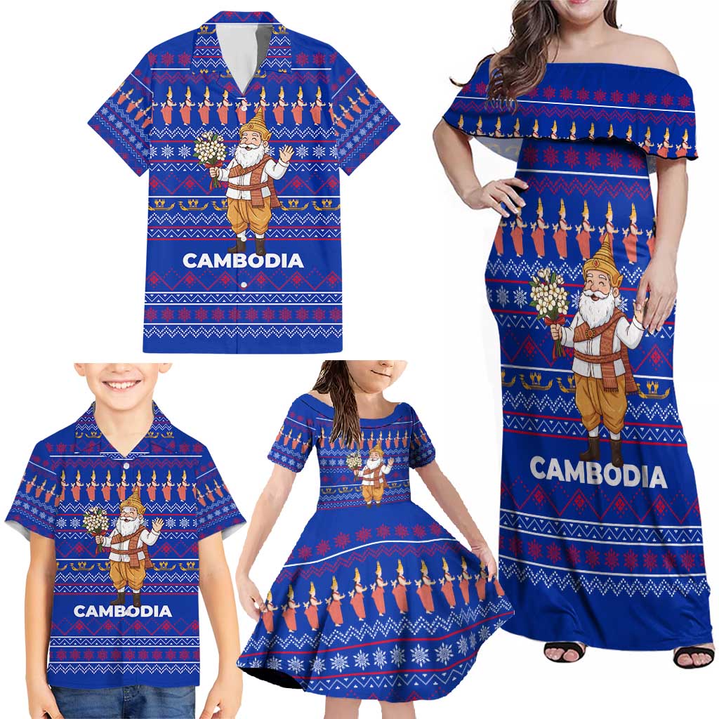 Cambodia Christmas Family Matching Off Shoulder Maxi Dress and Hawaiian Shirt with Santa in Traditional Outfit Elephant Dancers and Snowflake Pattern - Wonder Print Shop