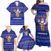 Cambodia Christmas Family Matching Off Shoulder Maxi Dress and Hawaiian Shirt with Santa in Traditional Outfit Elephant Dancers and Snowflake Pattern - Wonder Print Shop