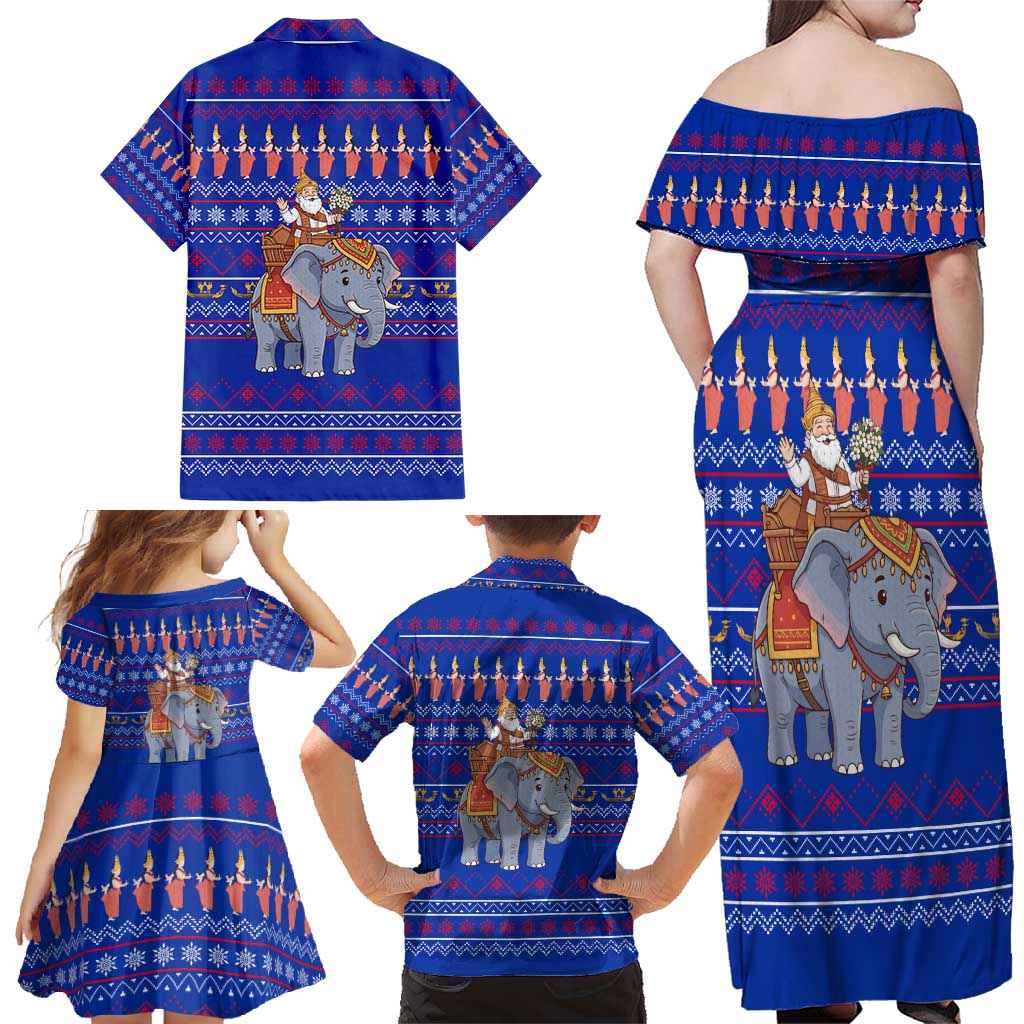 Cambodia Christmas Family Matching Off Shoulder Maxi Dress and Hawaiian Shirt with Santa in Traditional Outfit Elephant Dancers and Snowflake Pattern - Wonder Print Shop