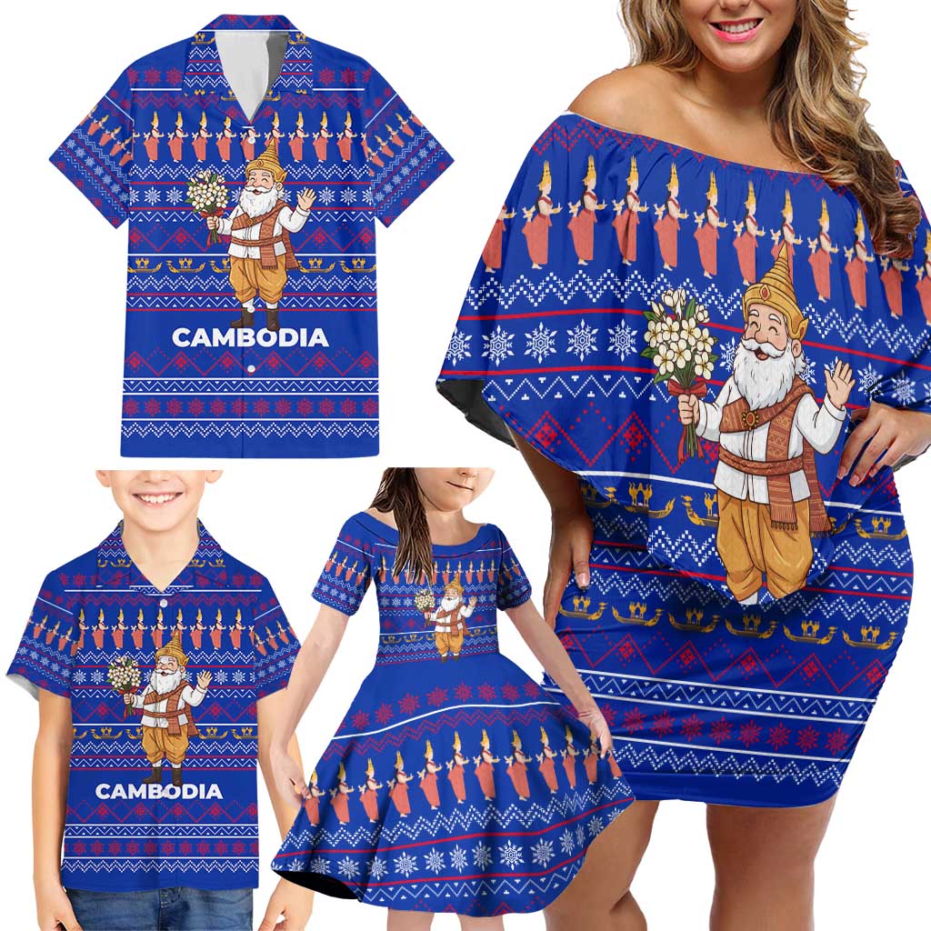 Cambodia Christmas Family Matching Off Shoulder Short Dress and Hawaiian Shirt with Santa in Traditional Outfit Elephant Dancers and Snowflake Pattern - Wonder Print Shop