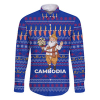 Cambodia Christmas Family Matching Off Shoulder Short Dress and Hawaiian Shirt with Santa in Traditional Outfit Elephant Dancers and Snowflake Pattern - Wonder Print Shop