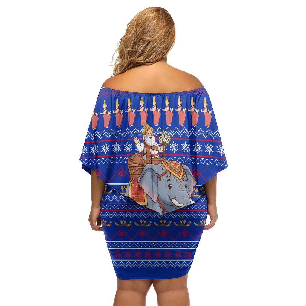Cambodia Christmas Family Matching Off Shoulder Short Dress and Hawaiian Shirt with Santa in Traditional Outfit Elephant Dancers and Snowflake Pattern - Wonder Print Shop