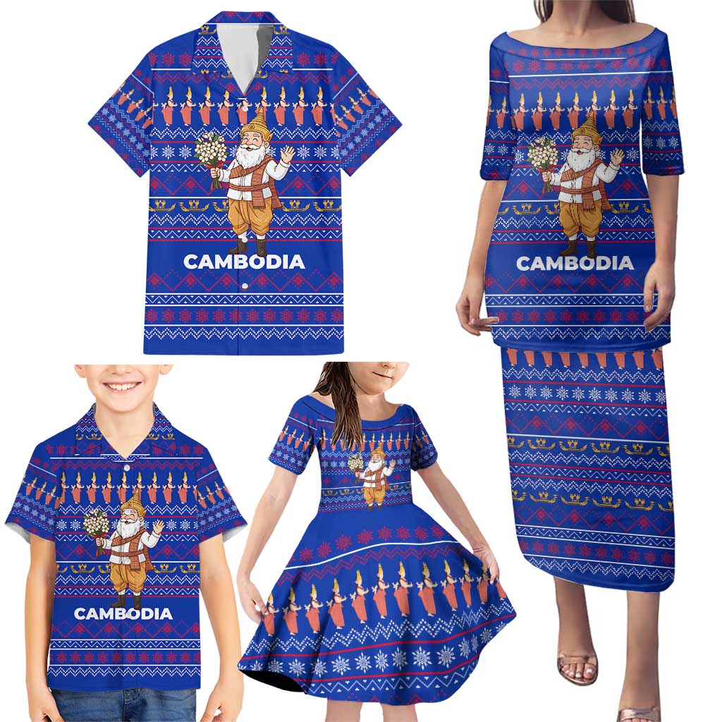 Cambodia Christmas Family Matching Puletasi and Hawaiian Shirt with Santa in Traditional Outfit Elephant Dancers and Snowflake Pattern - Wonder Print Shop