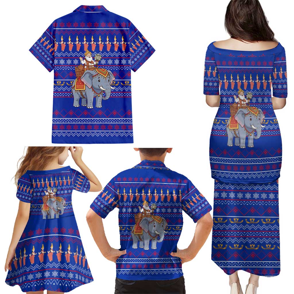 Cambodia Christmas Family Matching Puletasi and Hawaiian Shirt with Santa in Traditional Outfit Elephant Dancers and Snowflake Pattern - Wonder Print Shop