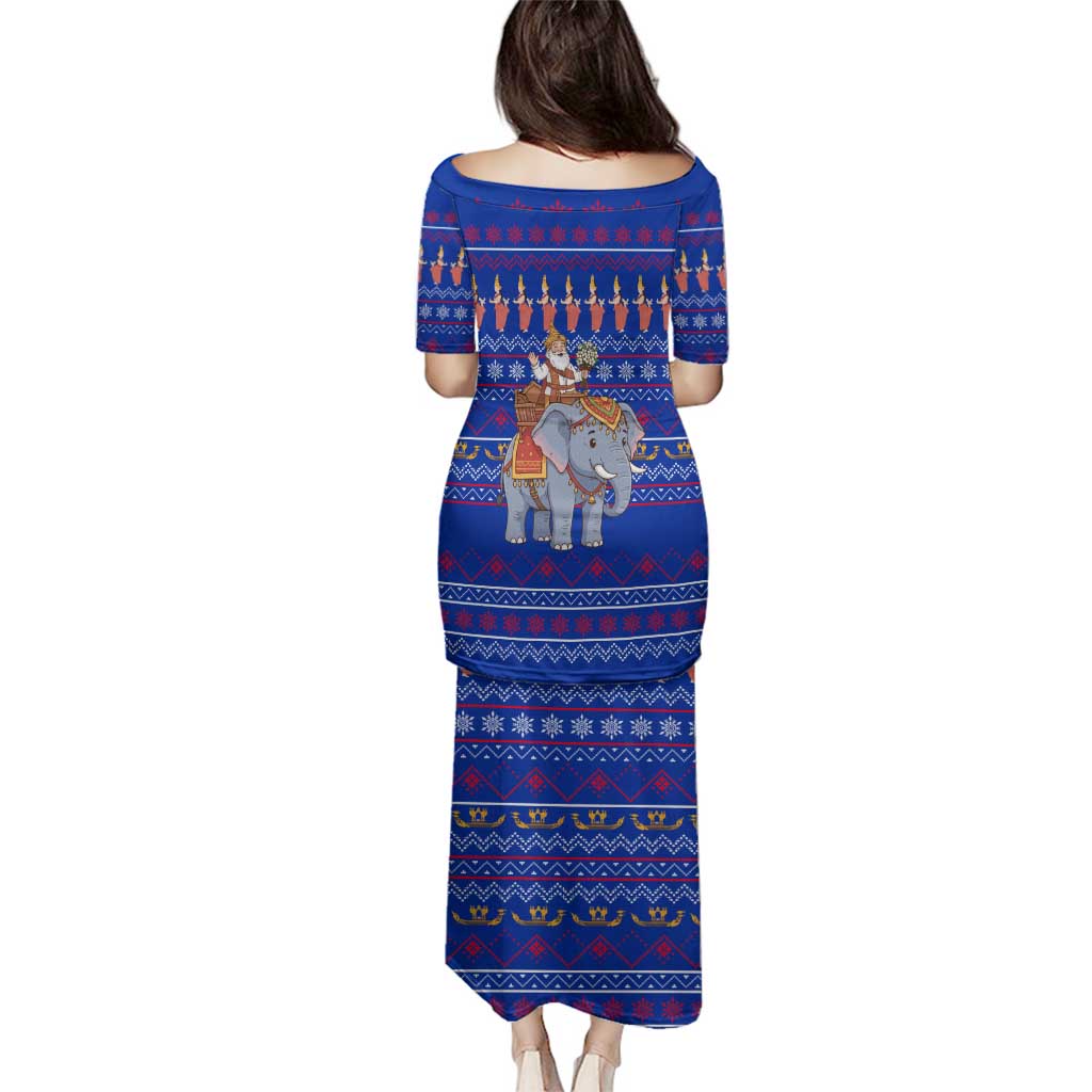 Cambodia Christmas Family Matching Puletasi and Hawaiian Shirt with Santa in Traditional Outfit Elephant Dancers and Snowflake Pattern - Wonder Print Shop