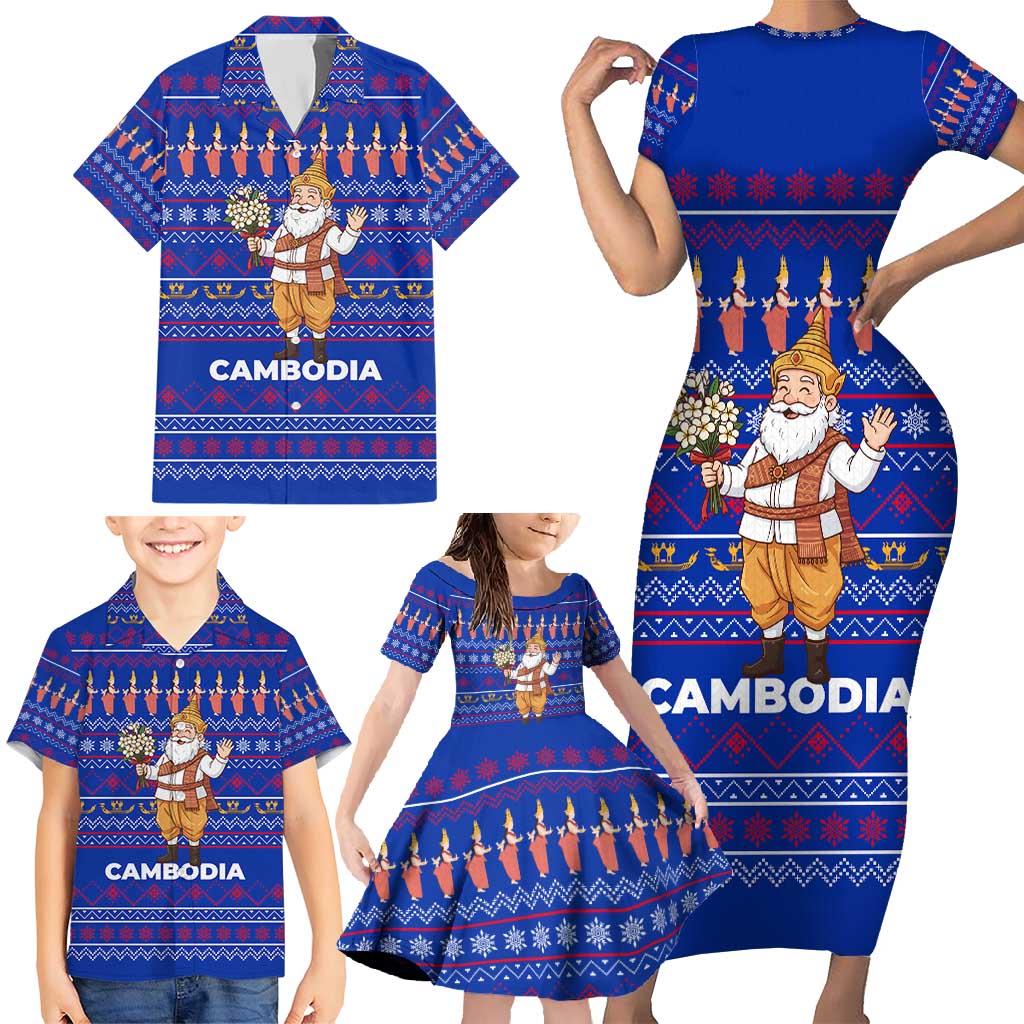 Cambodia Christmas Family Matching Short Sleeve Bodycon Dress and Hawaiian Shirt with Santa in Traditional Outfit Elephant Dancers and Snowflake Pattern - Wonder Print Shop
