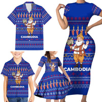 Cambodia Christmas Family Matching Short Sleeve Bodycon Dress and Hawaiian Shirt with Santa in Traditional Outfit Elephant Dancers and Snowflake Pattern - Wonder Print Shop