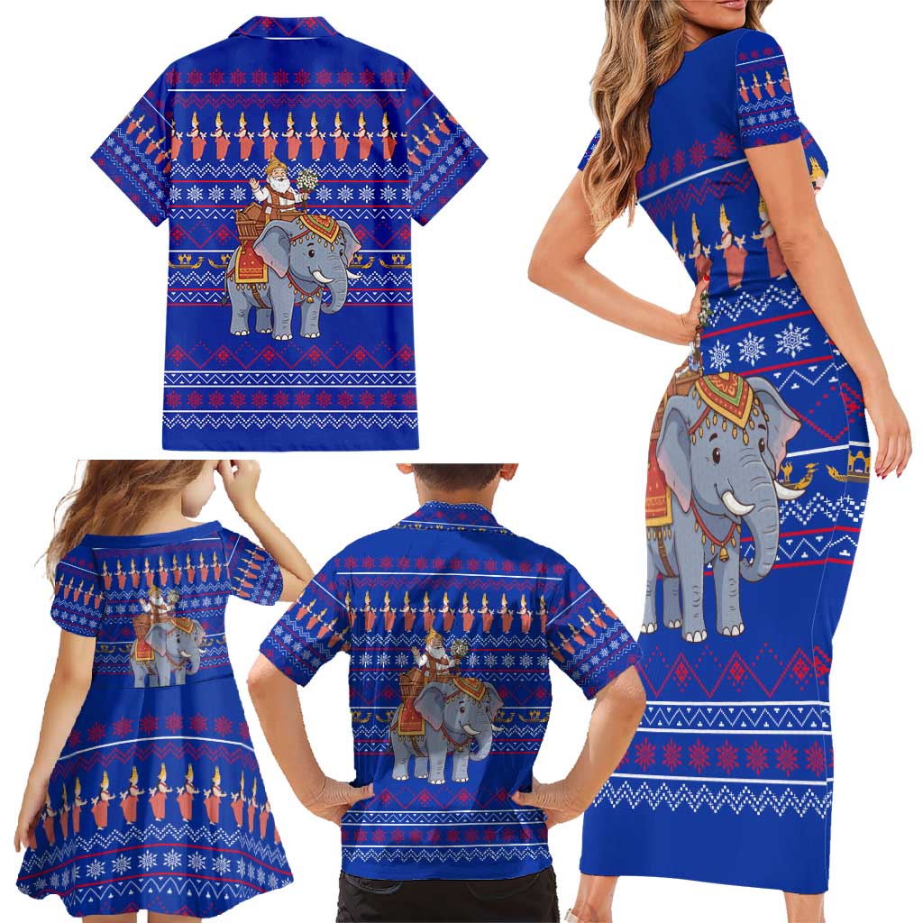 Cambodia Christmas Family Matching Short Sleeve Bodycon Dress and Hawaiian Shirt with Santa in Traditional Outfit Elephant Dancers and Snowflake Pattern - Wonder Print Shop