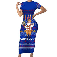 Cambodia Christmas Family Matching Short Sleeve Bodycon Dress and Hawaiian Shirt with Santa in Traditional Outfit Elephant Dancers and Snowflake Pattern - Wonder Print Shop