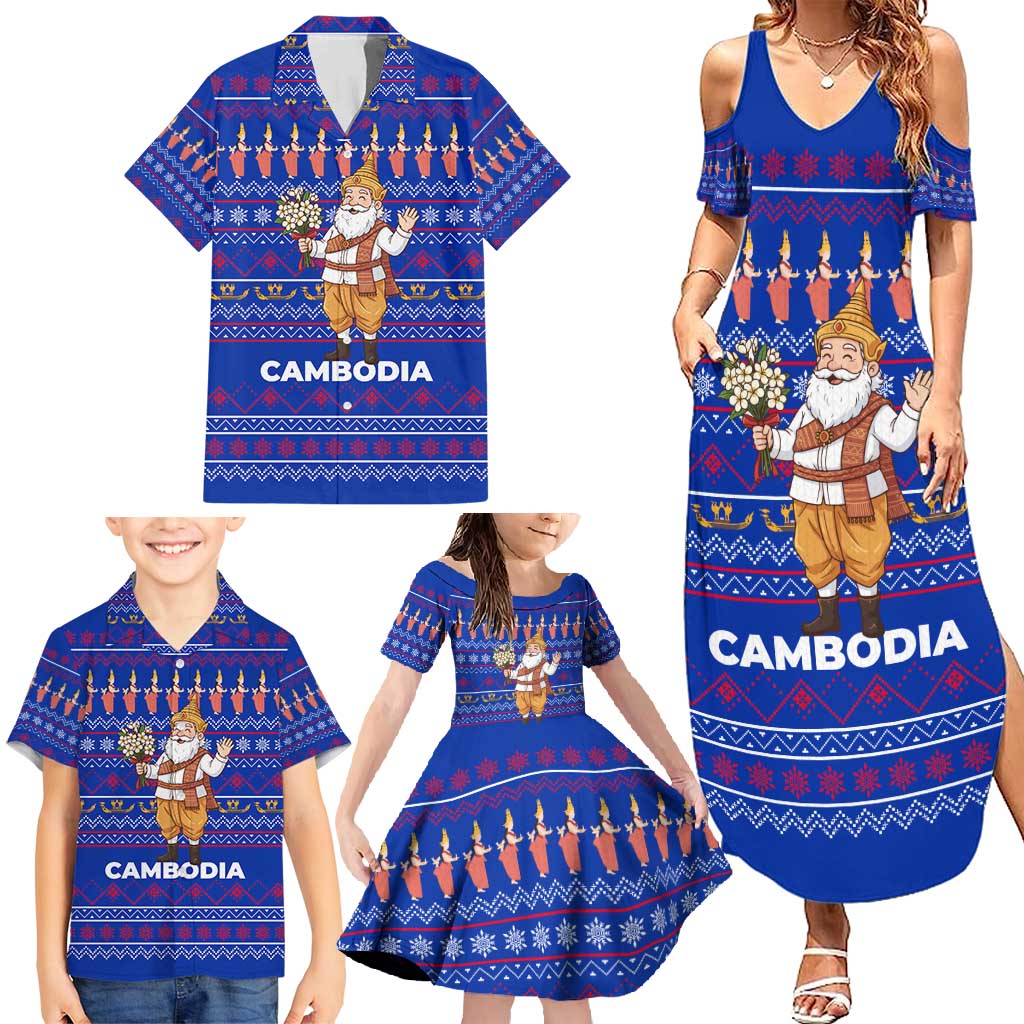 Cambodia Christmas Family Matching Summer Maxi Dress and Hawaiian Shirt with Santa in Traditional Outfit Elephant Dancers and Snowflake Pattern - Wonder Print Shop