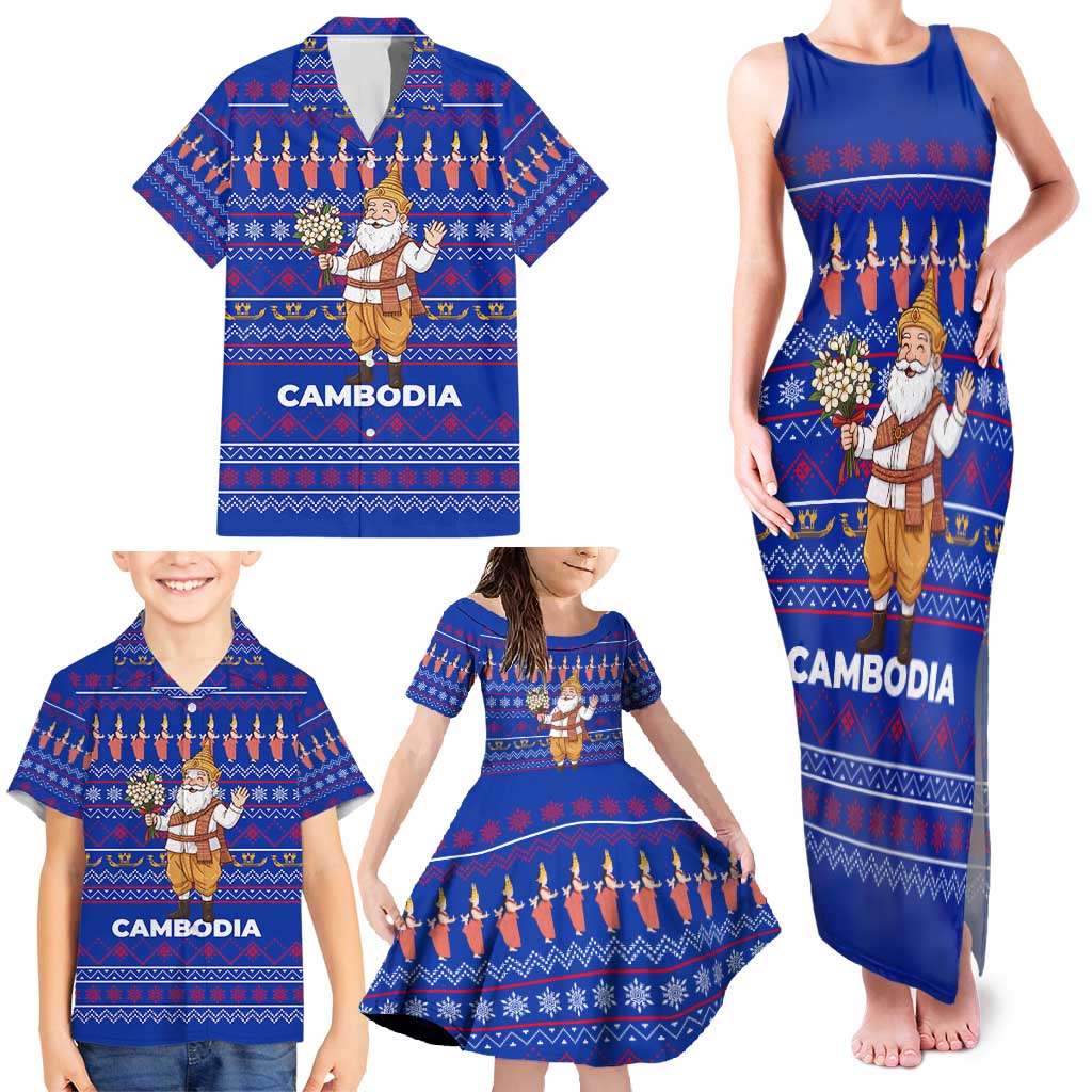 Cambodia Christmas Family Matching Tank Maxi Dress and Hawaiian Shirt with Santa in Traditional Outfit Elephant Dancers and Snowflake Pattern - Wonder Print Shop