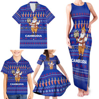 Cambodia Christmas Family Matching Tank Maxi Dress and Hawaiian Shirt with Santa in Traditional Outfit Elephant Dancers and Snowflake Pattern - Wonder Print Shop