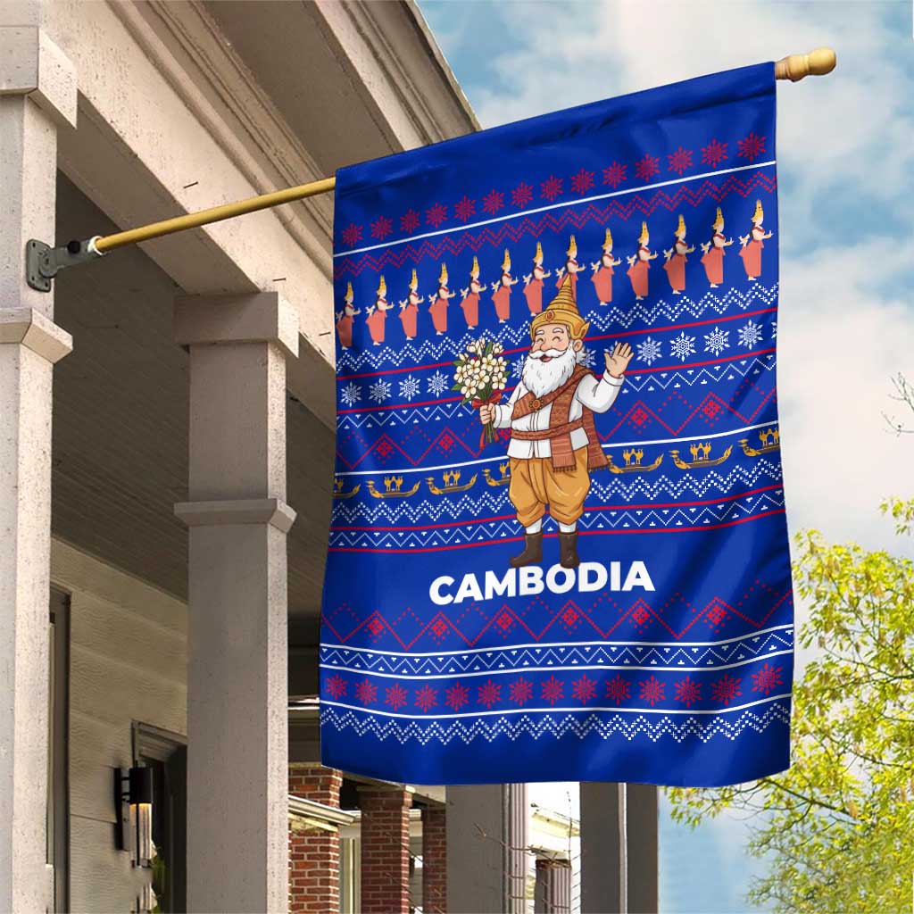 Cambodia Christmas Garden Flag with Santa in Traditional Outfit Elephant Dancers and Snowflake Pattern - Wonder Print Shop