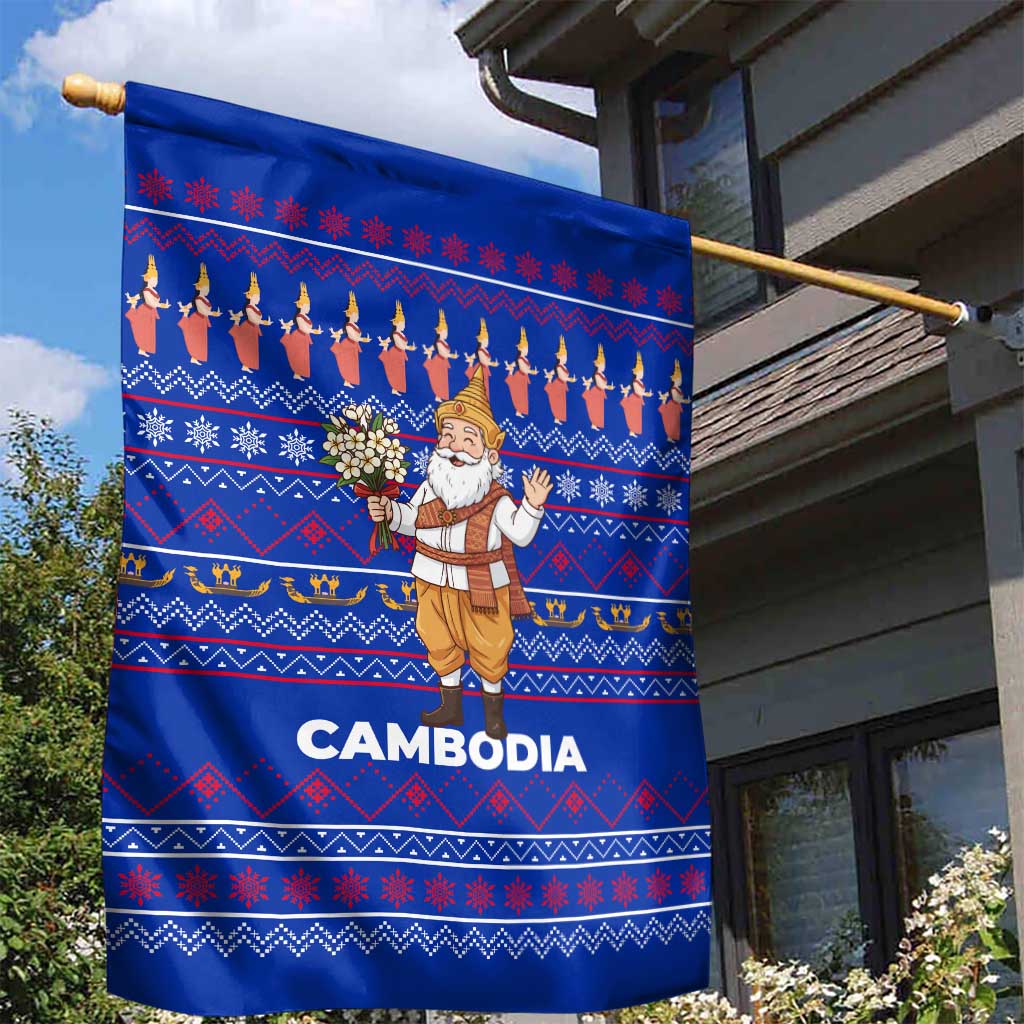 Cambodia Christmas Garden Flag with Santa in Traditional Outfit Elephant Dancers and Snowflake Pattern - Wonder Print Shop